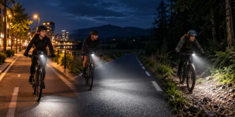 Bicycle lights for night riding in city, rural road, and forest trail environments