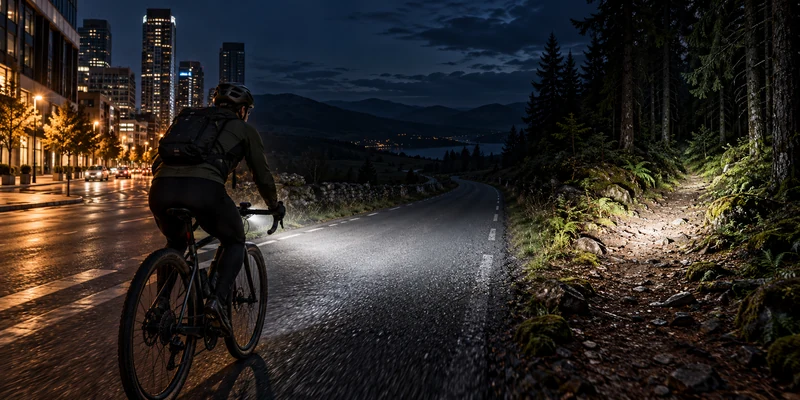Cyclist moving from a lit city street to an unlit road and forest trail at night