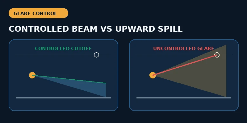 Controlled cutoff bicycle light beam compared with upward glare