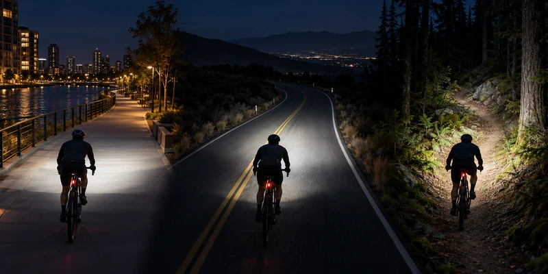 Bicycle front light beams for city paths, unlit roads and forest trails