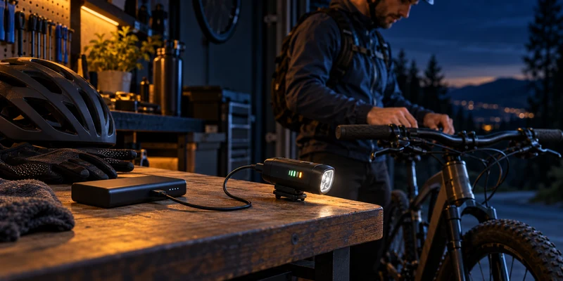 Cyclist preparing a USB-C rechargeable bicycle light before a night ride