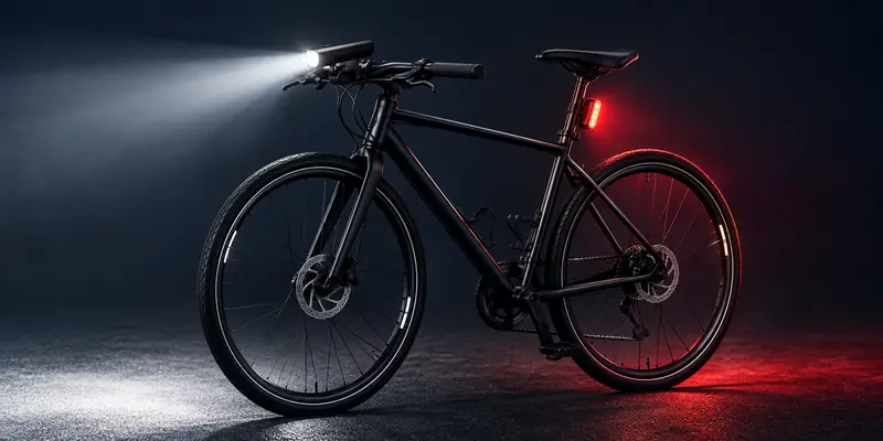 Bicycle lights front and rear fitted to a complete night-riding setup